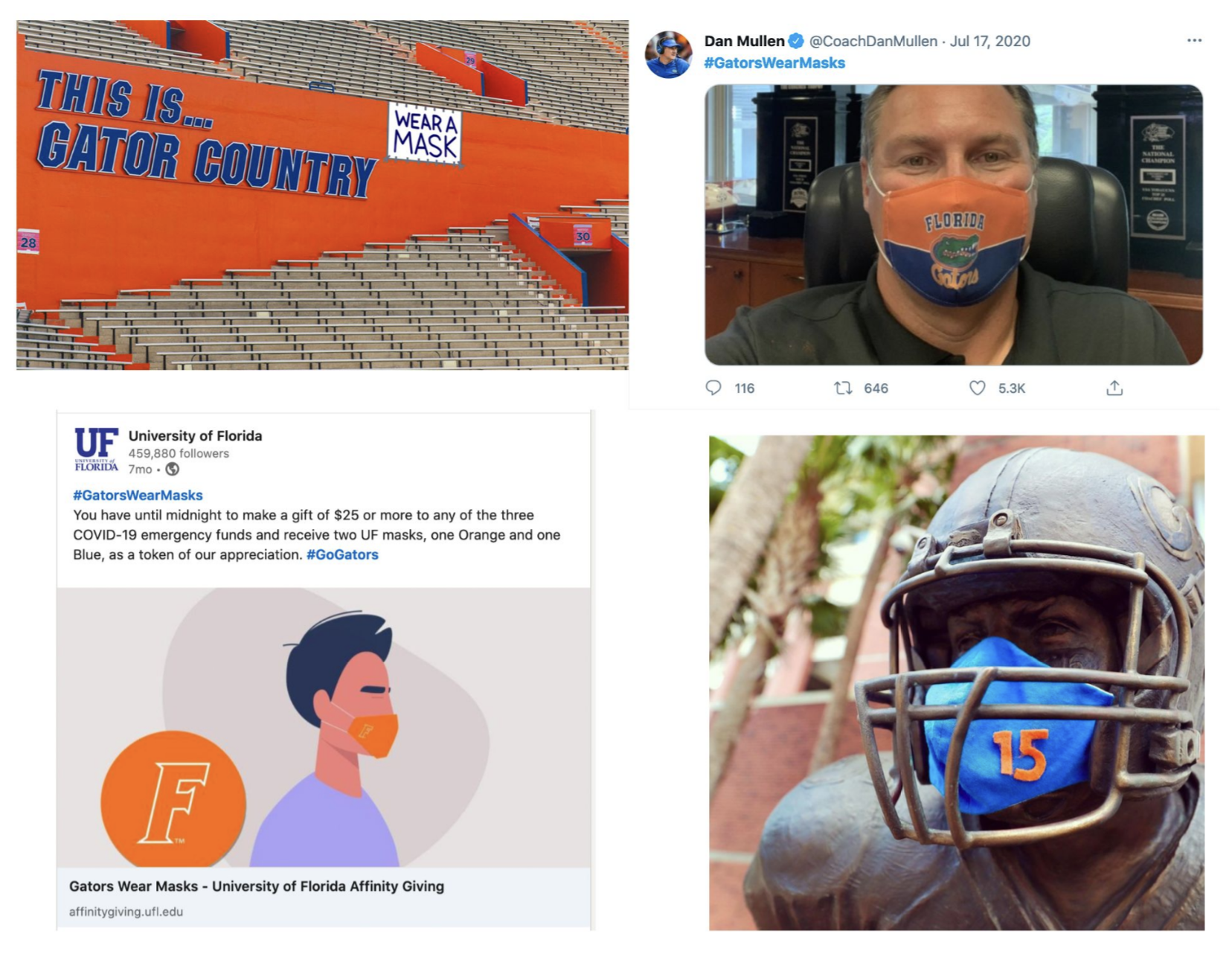 Campaign moments: Wear a Mask sign in The Swamp, coach Dan Mullen selfie in a Florida Gators mask, Affinity Giving fundraiser post, campus statue wearing a mask