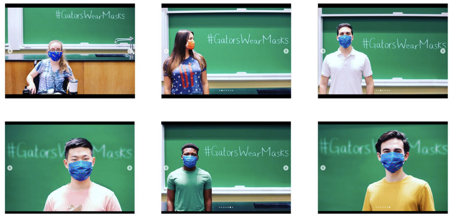 Series of student portraits in front of the #GatorsWearMasks chalkboard, each wearing a mask