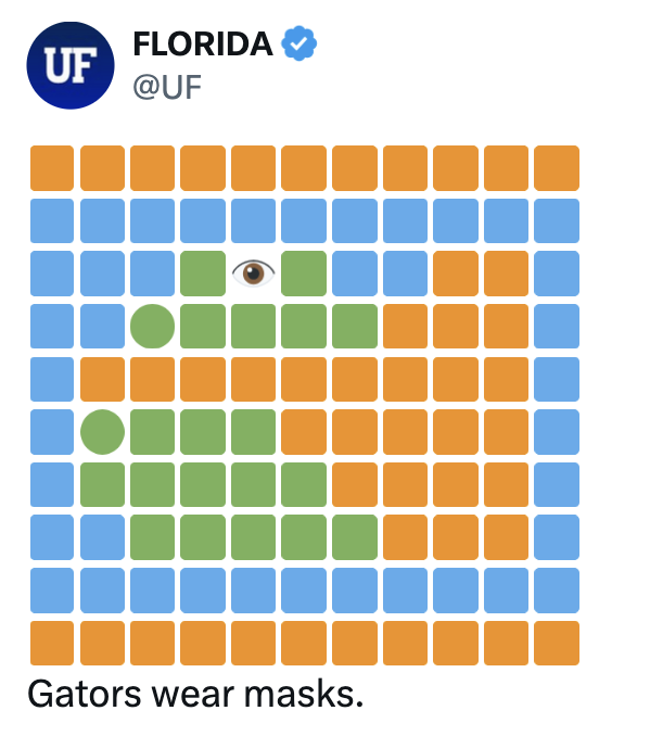 Saturday morning quote tweet adding a mask to the Gator emoji art with the phrase 'Gators wear masks'