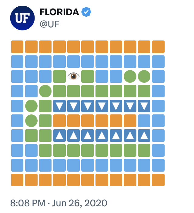 Original @UF tweet with emoji art Gator head — posted Friday night with no explanation