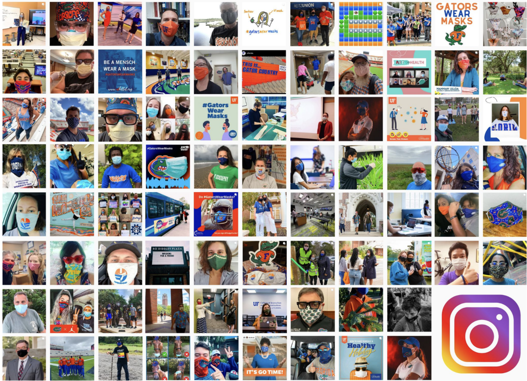 Full grid of community #GatorsWearMasks content across Instagram, Twitter and Facebook