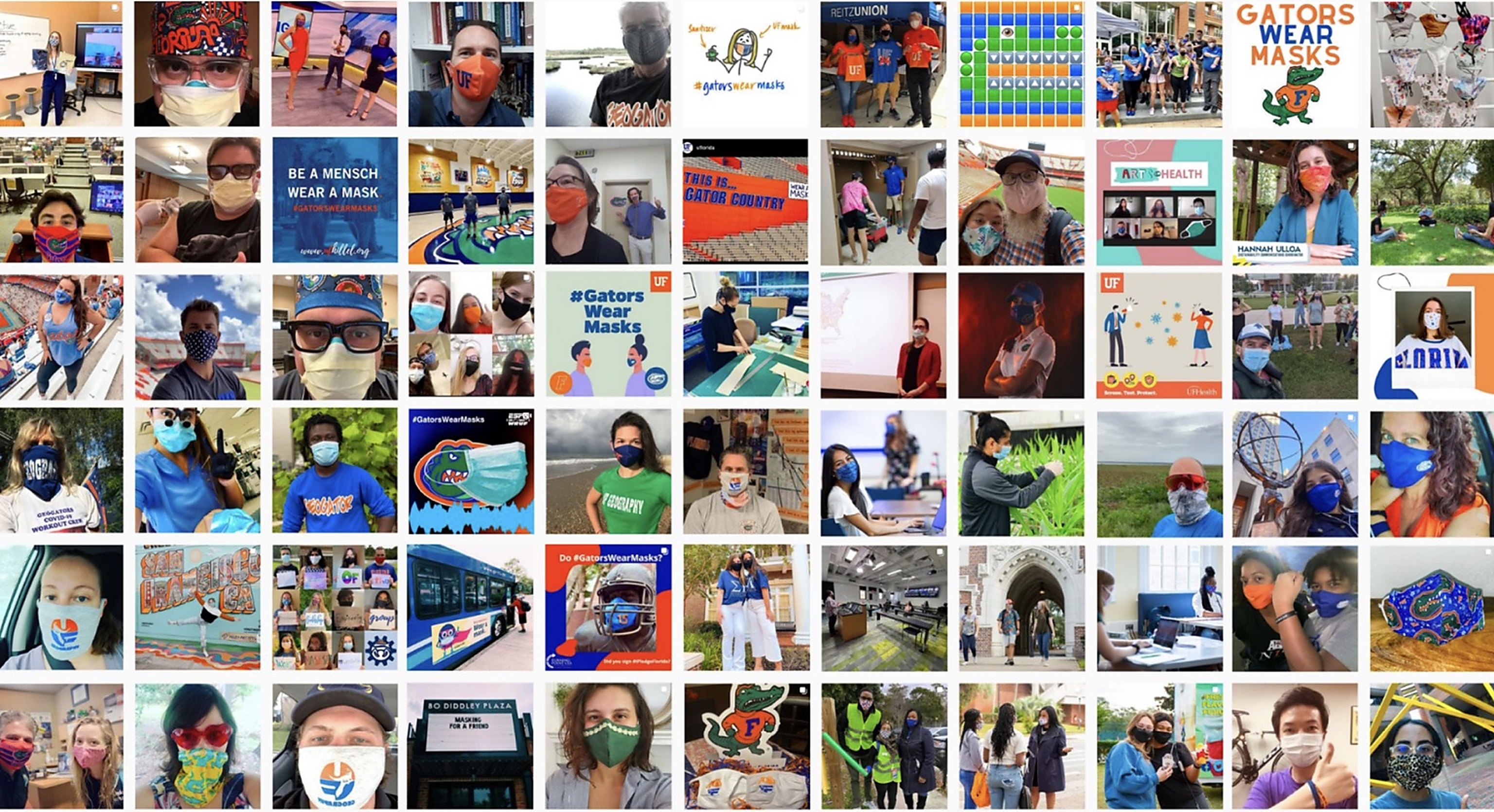 Grid of community #GatorsWearMasks posts showing students, faculty, staff, statues and campus partners all wearing masks