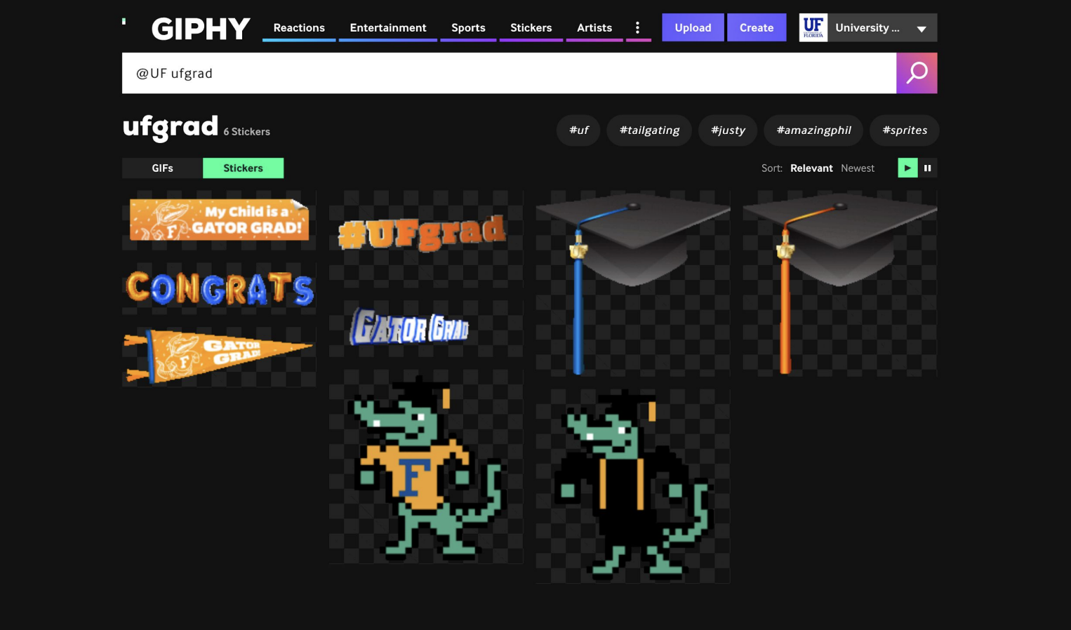 Giphy search results for @UF ufgrad sticker collection