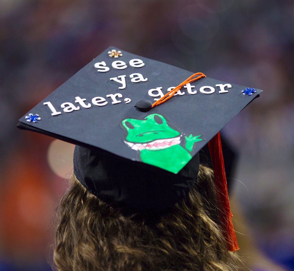 Close-up of a graduation cap hand-painted with a UF GIF design