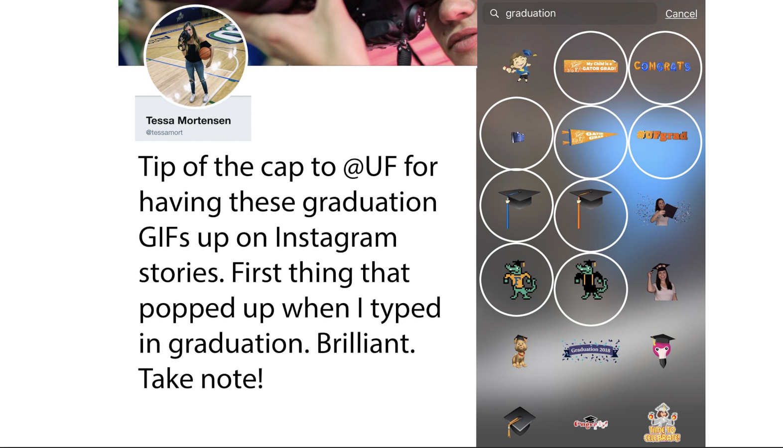 Tweet from Tessa Mortensen praising UF for having graduation GIFs on Instagram Stories