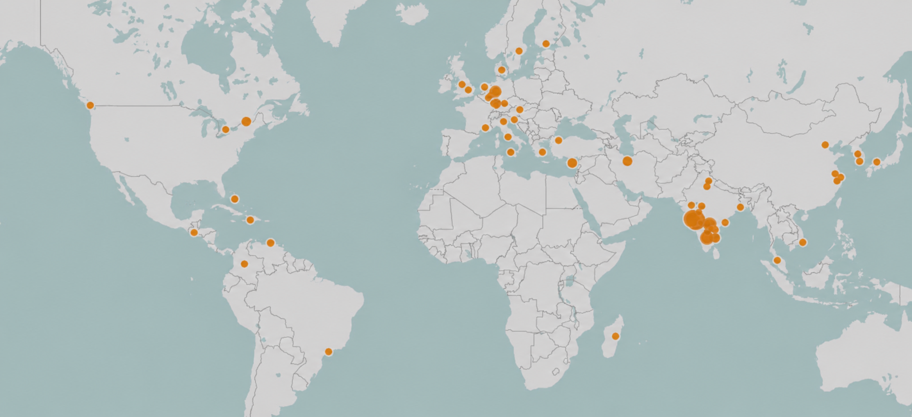 World map showing the 34 countries across 6 continents where the postcards reached