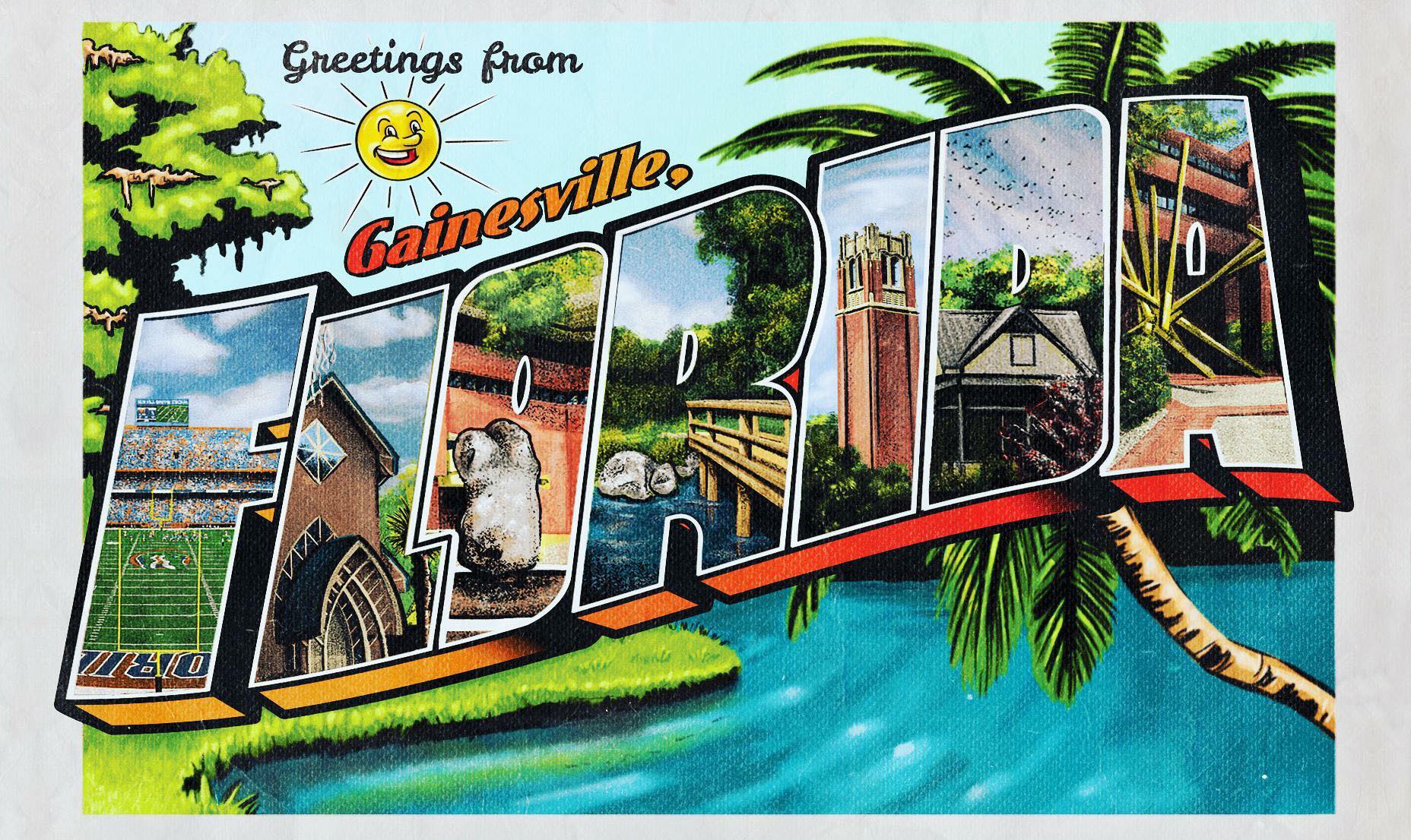 Close-up of a Greetings from Gainesville postcard