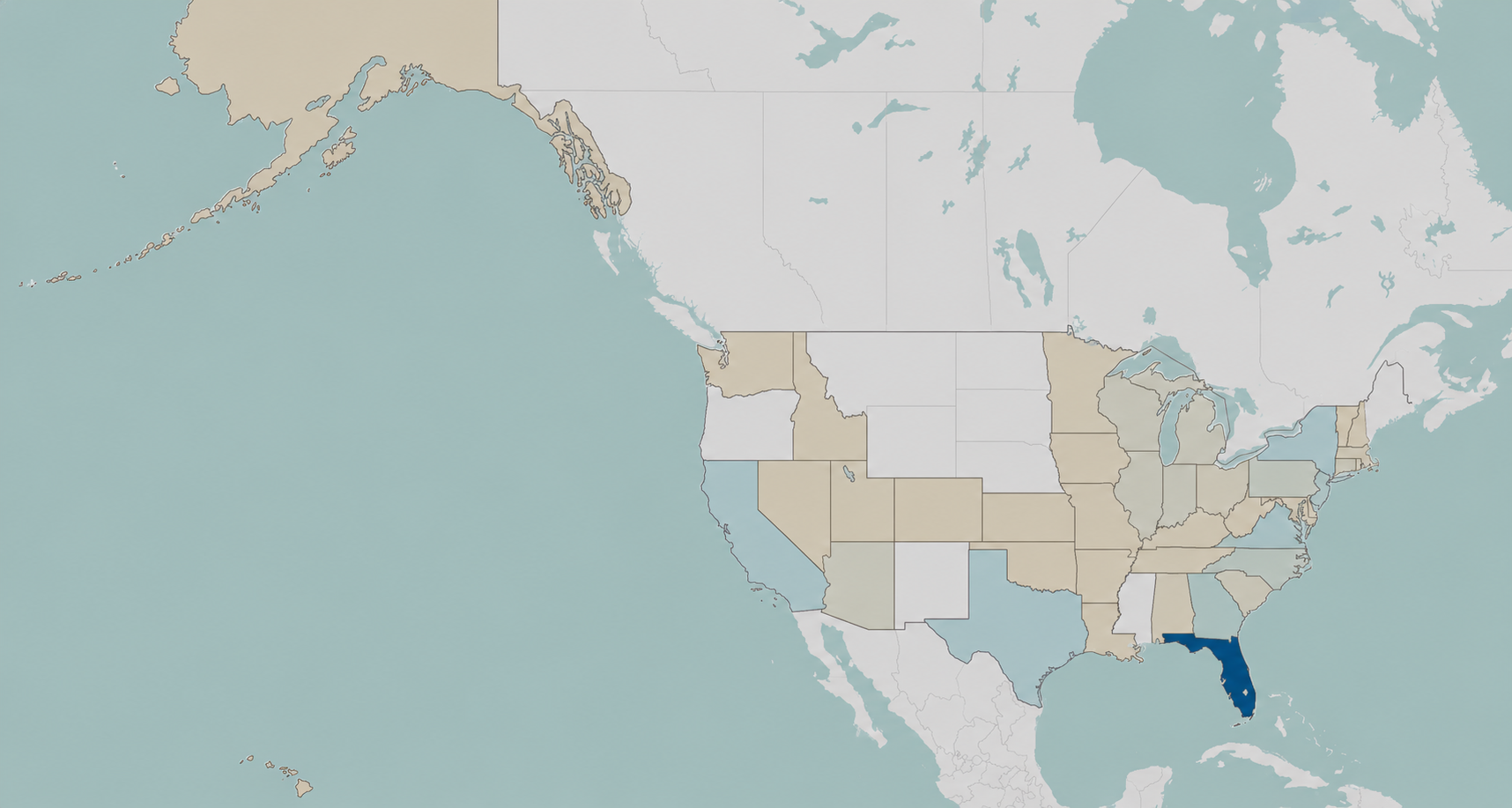 Map of the United States showing all 41 states where Greetings from Gainesville postcards were shared