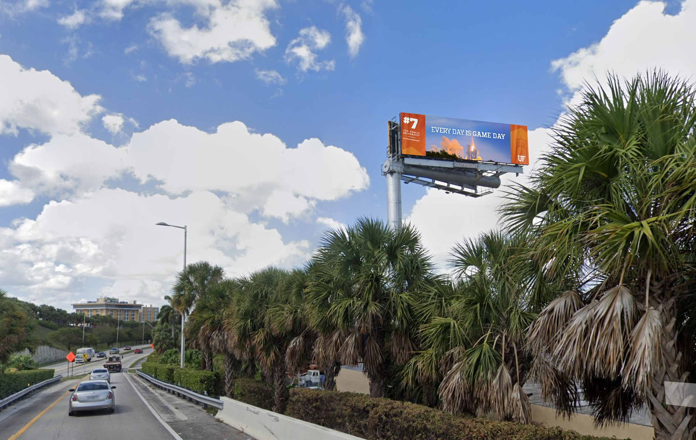 Digital billboard along a Miami road displaying University of Florida's Orange Bowl messaging