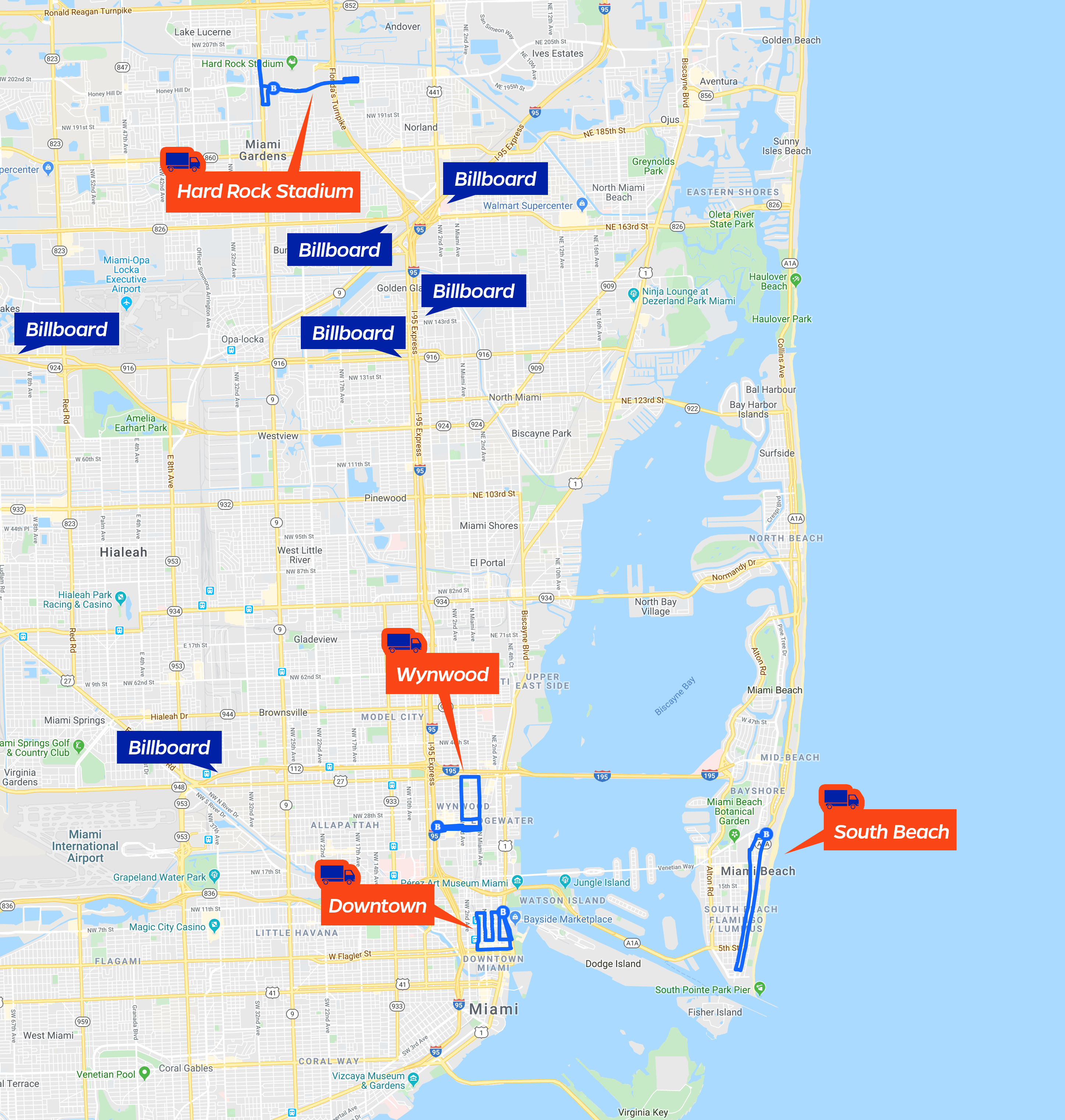 Map showing the routes and locations of LED trucks and billboards across Miami