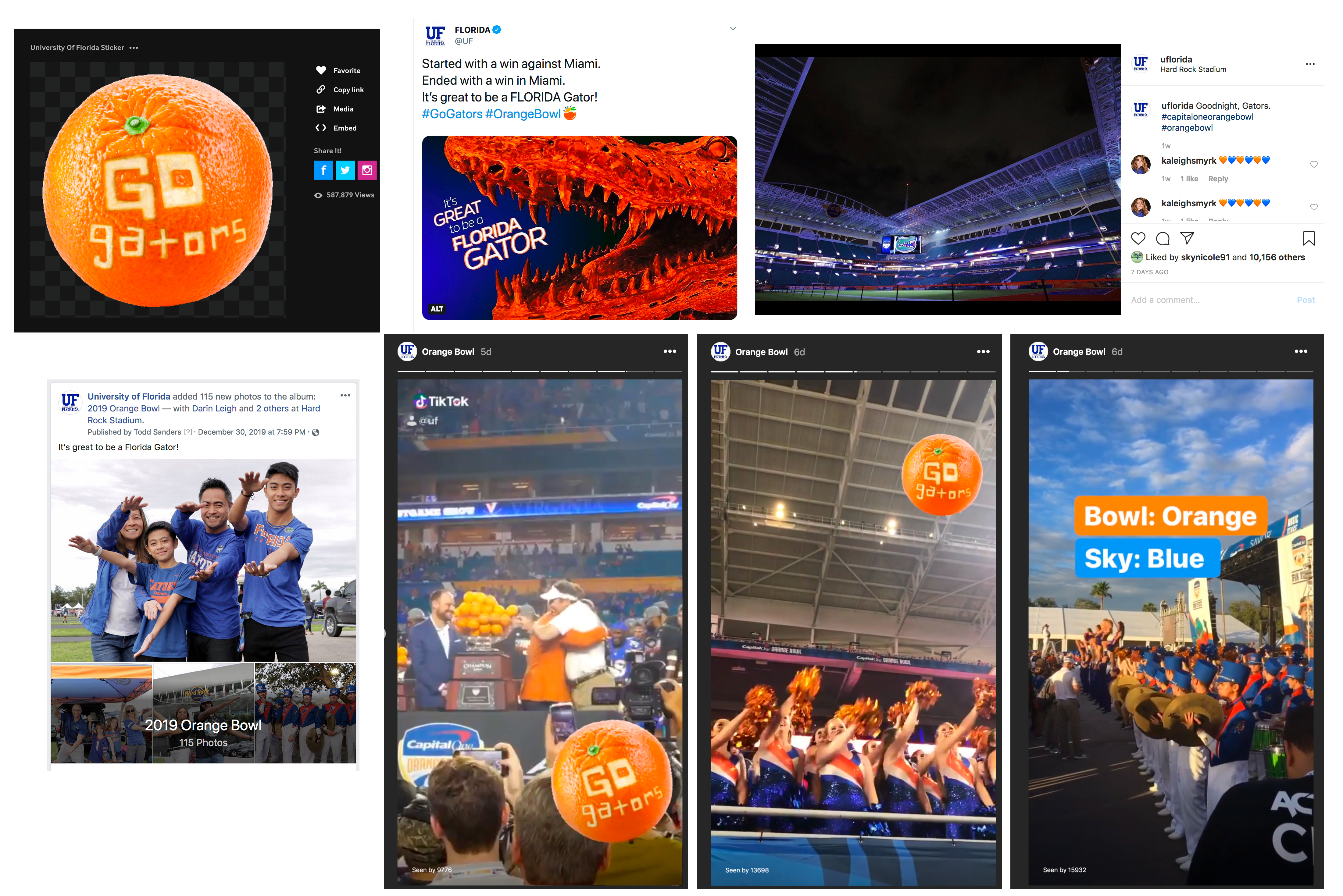 Grid of social media posts from the Orange Bowl Blitz campaign showing fan engagement and UGC