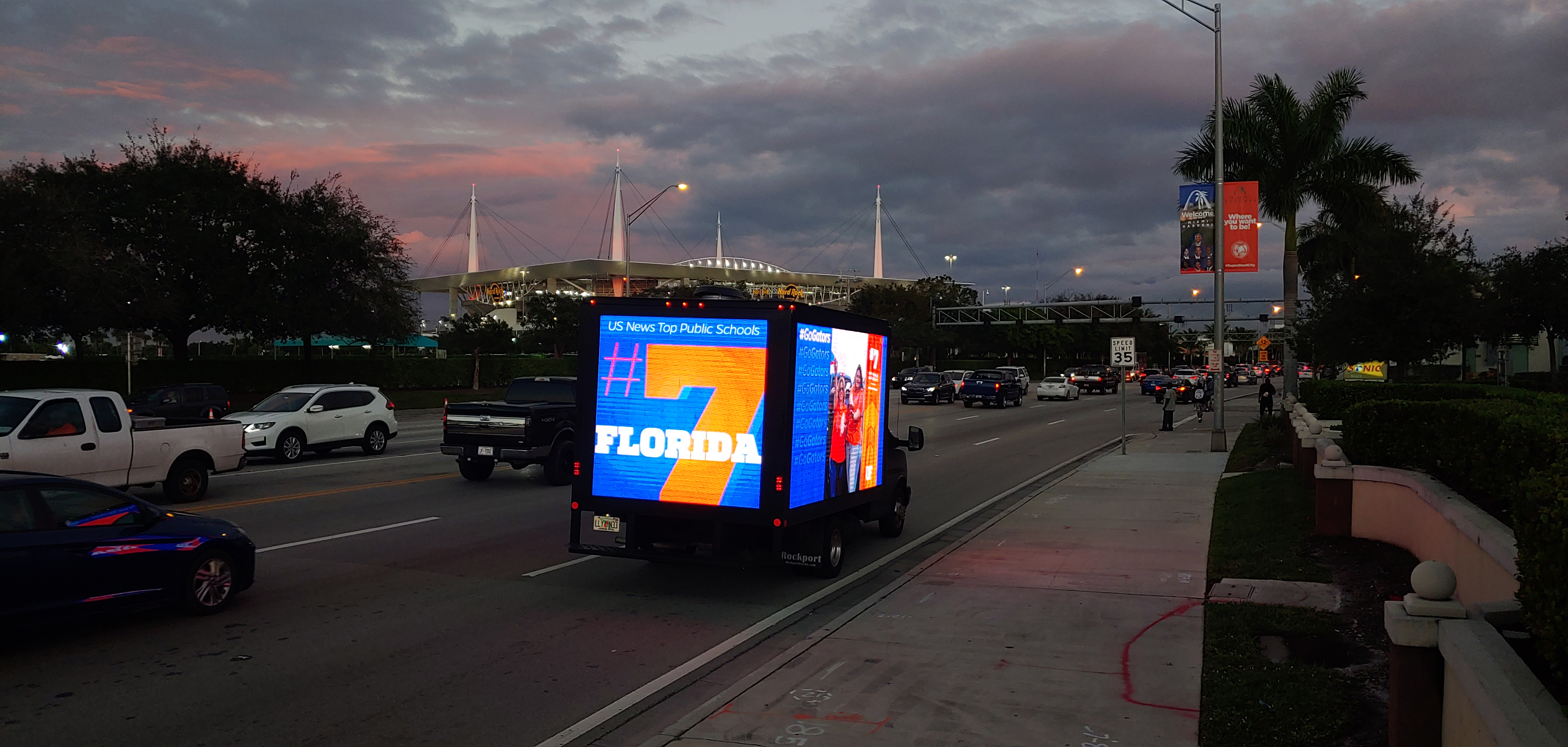 LED display truck driving through Miami streets for the Orange Bowl Blitz campaign